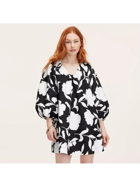 kate spade Black and White Floral Puff-Sleeve Mini Dress